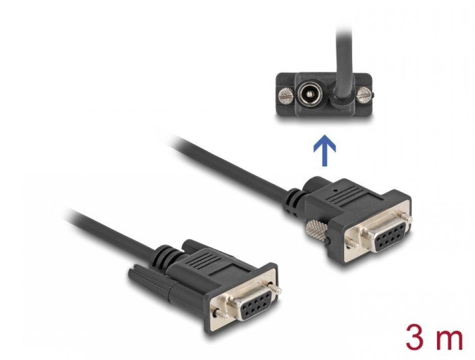 Imagine Cablu serial RS-232 D-Sub 9 pini cu alimentare DC M-M 3m, Delock 88239